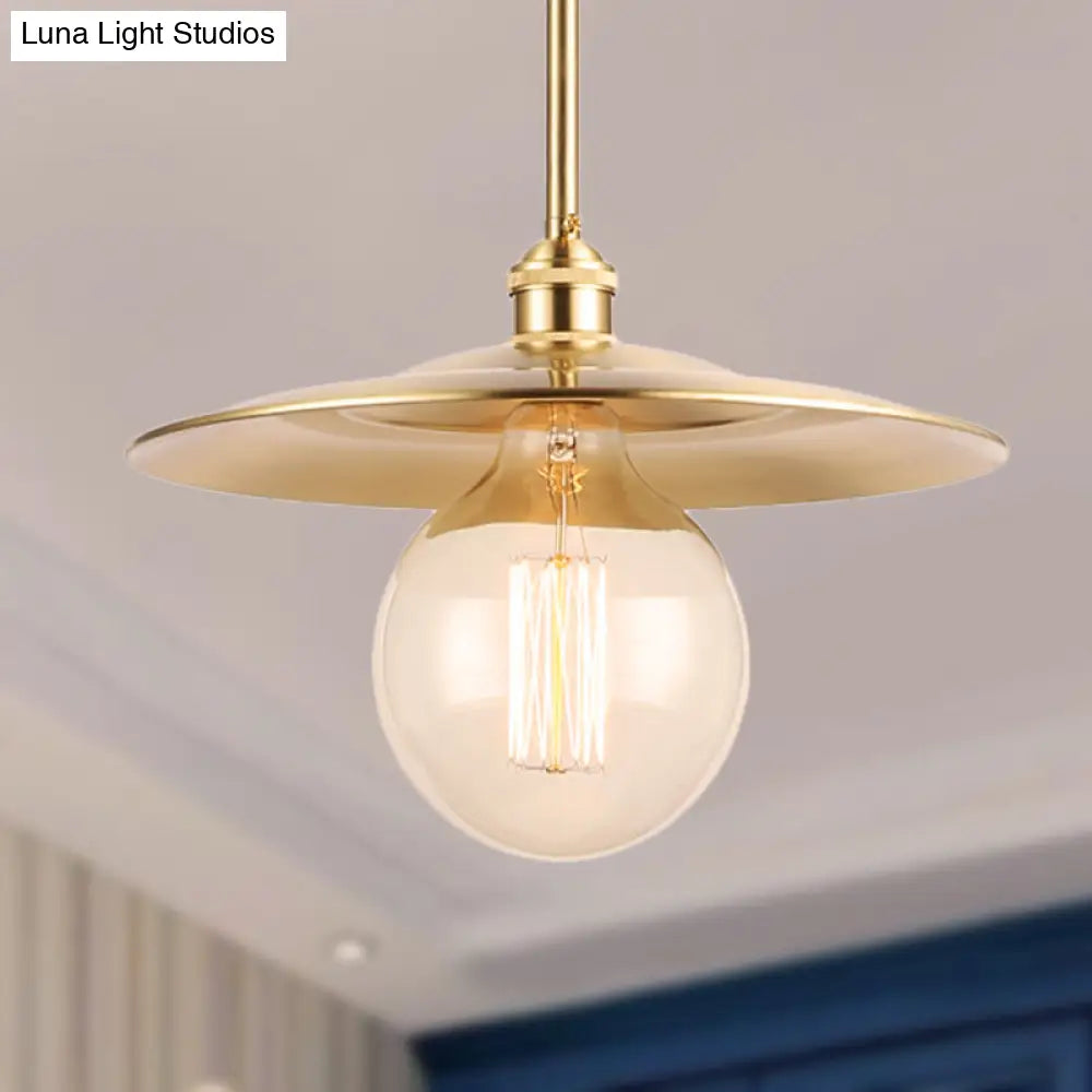 Mid Century Flat Shade Ceiling Pendant Light in Brass Finish - 1 Bulb Metallic Fixture for Table