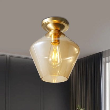 DecorBites™ DecorBites™ Mid Century Glamour: Cognac Glass Diamond Shaped Brass Flush Mount Ceiling Lamp - Single 9"/15" Wide