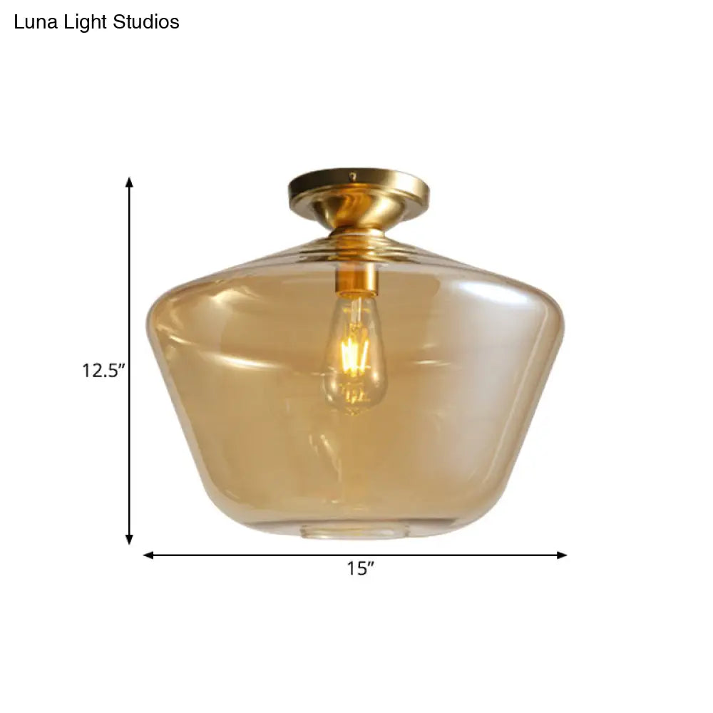 DecorBites™ DecorBites™ Mid Century Glamour: Cognac Glass Diamond Shaped Brass Flush Mount Ceiling Lamp - Single 9"/15" Wide