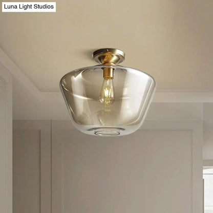 DecorBites™ DecorBites™ Mid Century Glamour: Cognac Glass Diamond Shaped Brass Flush Mount Ceiling Lamp - Single 9"/15" Wide