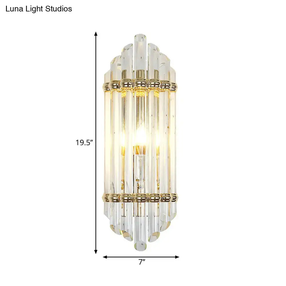 Elegant mid century gold crystal pipe flush wall sconce with clear rods and warm light for living room wall decor