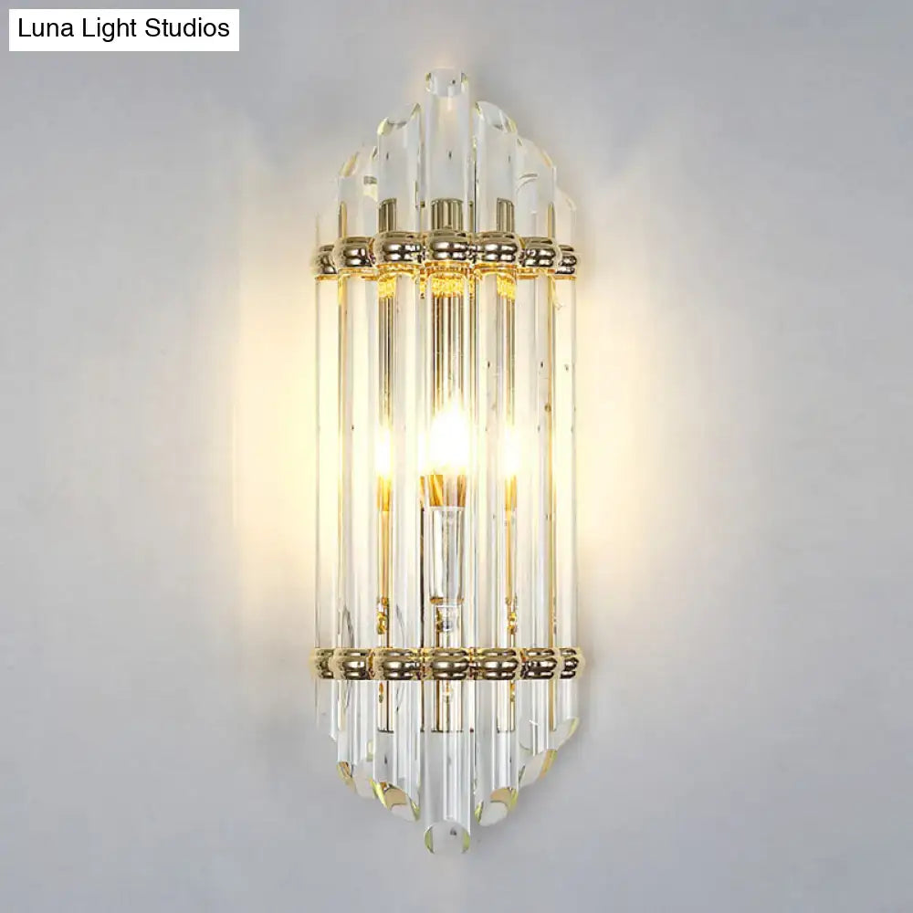 Elegant mid century gold crystal pipe flush wall sconce with vertical glass rods for living room illumination