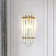 Elegant mid century gold crystal pipe flush wall sconce with clear crystal rods and decorative metal bands for living room