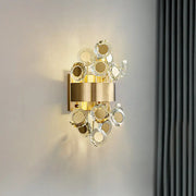 Mid century gold crystal wall light with integrated led and clear faceted crystal rings for living room decor