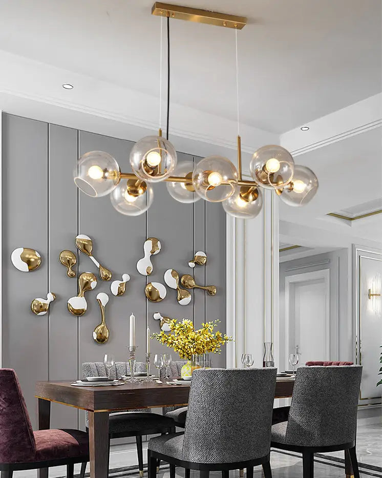 Mid-century gold metal smoked glass chandelier with clear glass globe bulbs compatible with 110v-120v and 220v-240v led lighting