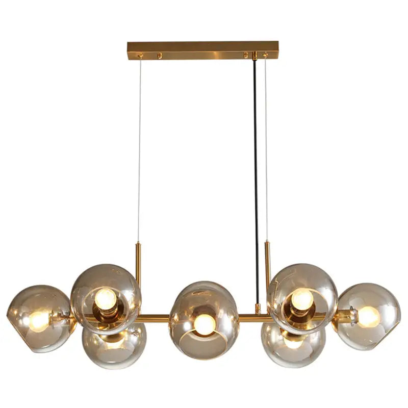 Mid-century gold metal chandelier with six smoked glass globes and led light compatible with 110v-120v 220v-240v