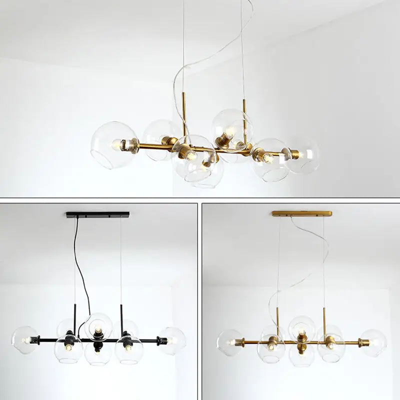 Mid-century gold metal smoked glass chandelier with clear glass globes and led light for dining room 110v-120v 220v-240v