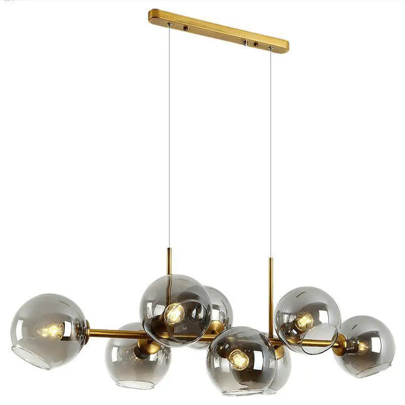Modern mid-century gold metal chandelier with smoked glass globes and led compatible for 110v-120v and 220v-240v use