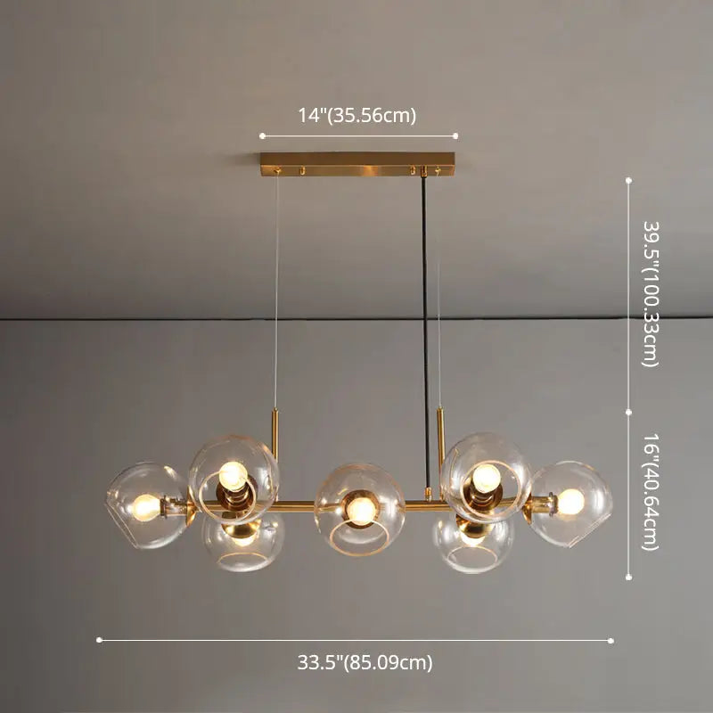 Mid-century gold metal chandelier with five clear globe shades and sleek horizontal bar for dining room led light 110v-120v 220v-240v