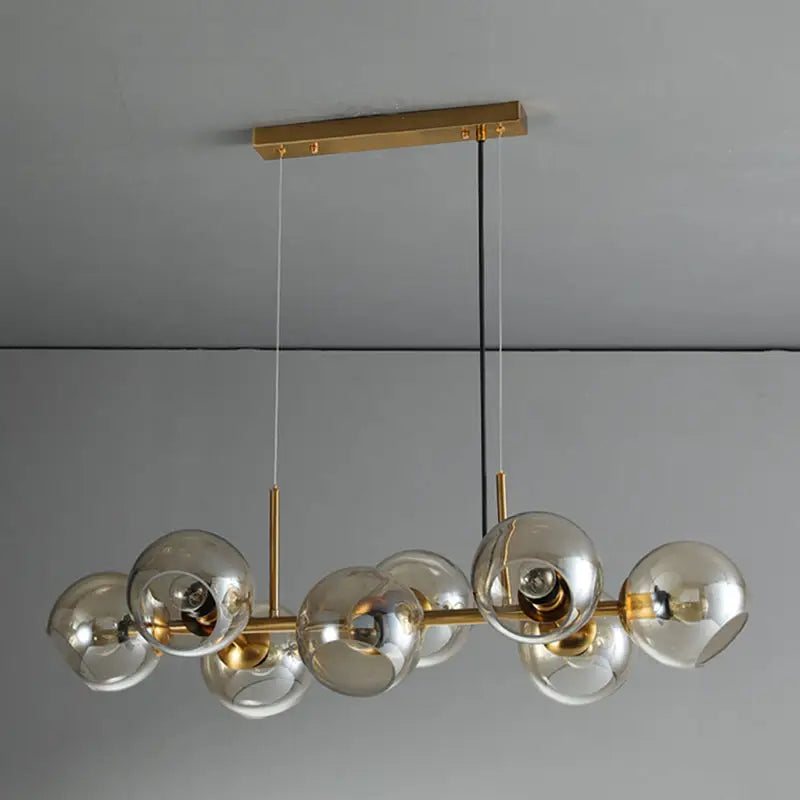 Mid-century gold metal chandelier with clear smoked glass spheres, led incandescent fluorescent compatible 110v-120v 220v-240v