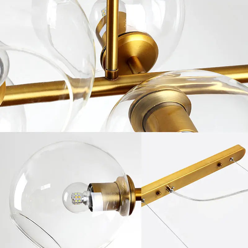 Mid-century gold metal chandelier with clear glass spherical globe shades for dining room led incandescent light compatible with 110v-120v 220v-240v