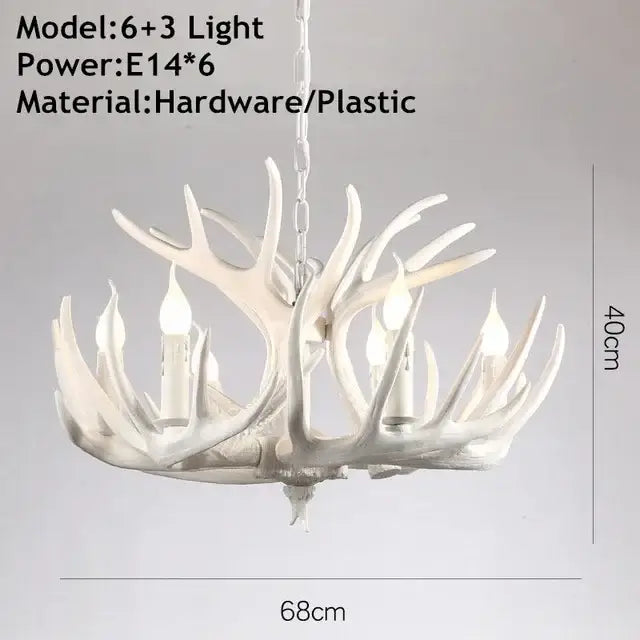 Mid century modern golden white antler chandelier with six candle-style bulbs and chain suspension decorbites antler chandelier