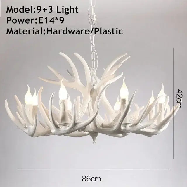 Mid century modern golden decorbites antler chandelier with nine illuminated white antler bulbs and plastic frame lighting