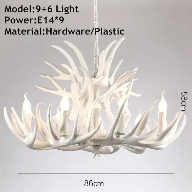 White antler chandelier with nine candle-style lights made of hardware and plastic for dining room decorbites antler chandelier