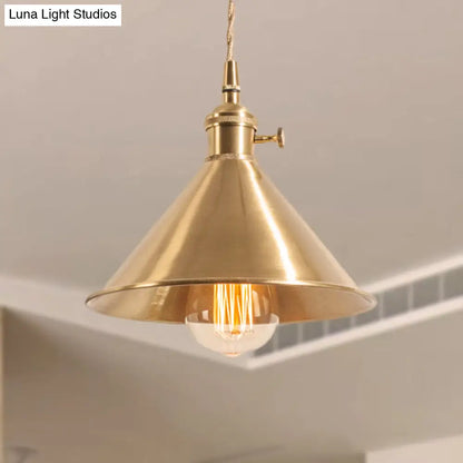 Mid Century Pendant Light Fixture with Metallic Brass Finish & Tapered Shade