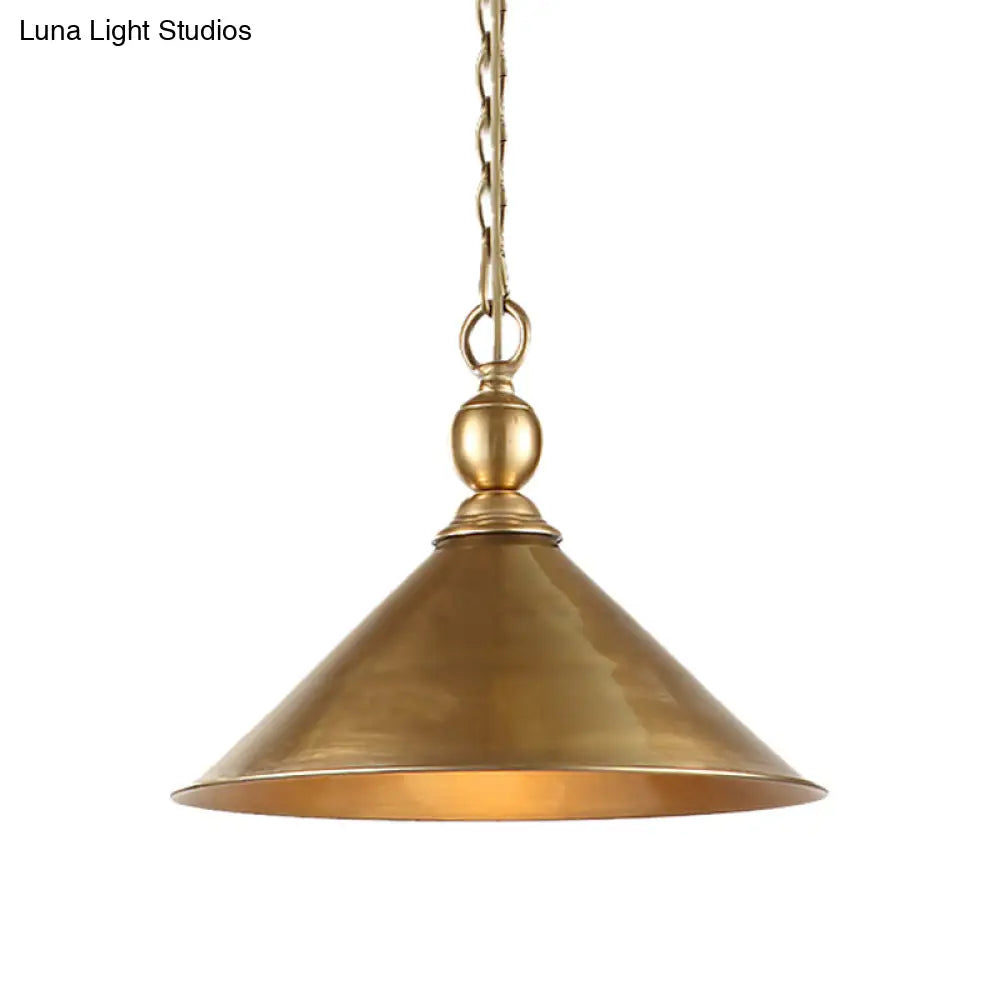 Mid Century Pendant Light Fixture with Metallic Brass Finish & Tapered Shade