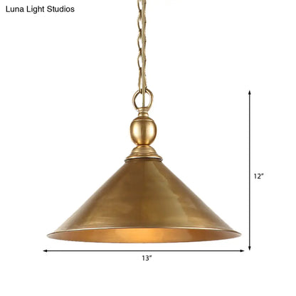 Mid Century Pendant Light Fixture with Metallic Brass Finish & Tapered Shade