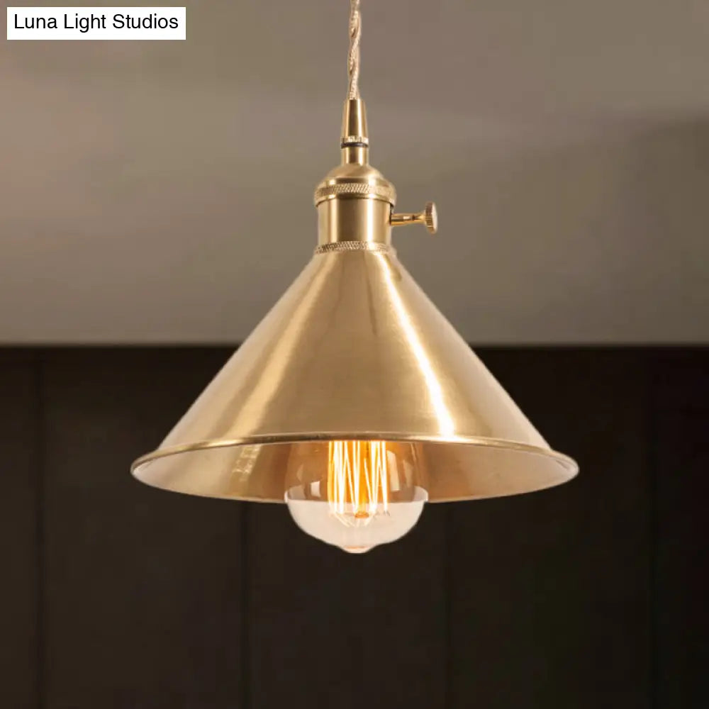 Mid Century Pendant Light Fixture with Metallic Brass Finish & Tapered Shade