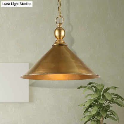 Mid Century Pendant Light Fixture with Metallic Brass Finish & Tapered Shade