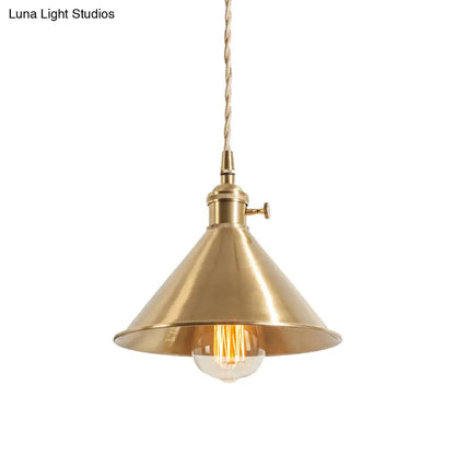 Mid Century Pendant Light Fixture with Metallic Brass Finish & Tapered Shade