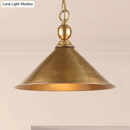 Mid Century Pendant Light Fixture with Metallic Brass Finish & Tapered Shade