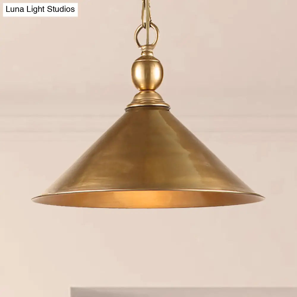 Mid Century Pendant Light Fixture with Metallic Brass Finish & Tapered Shade