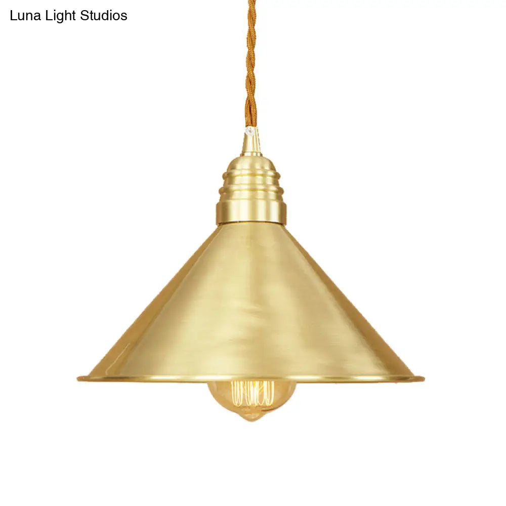 Mid Century Pendant Light Fixture with Metallic Brass Finish & Tapered Shade