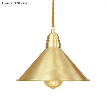 Mid Century Pendant Light Fixture with Metallic Brass Finish & Tapered Shade