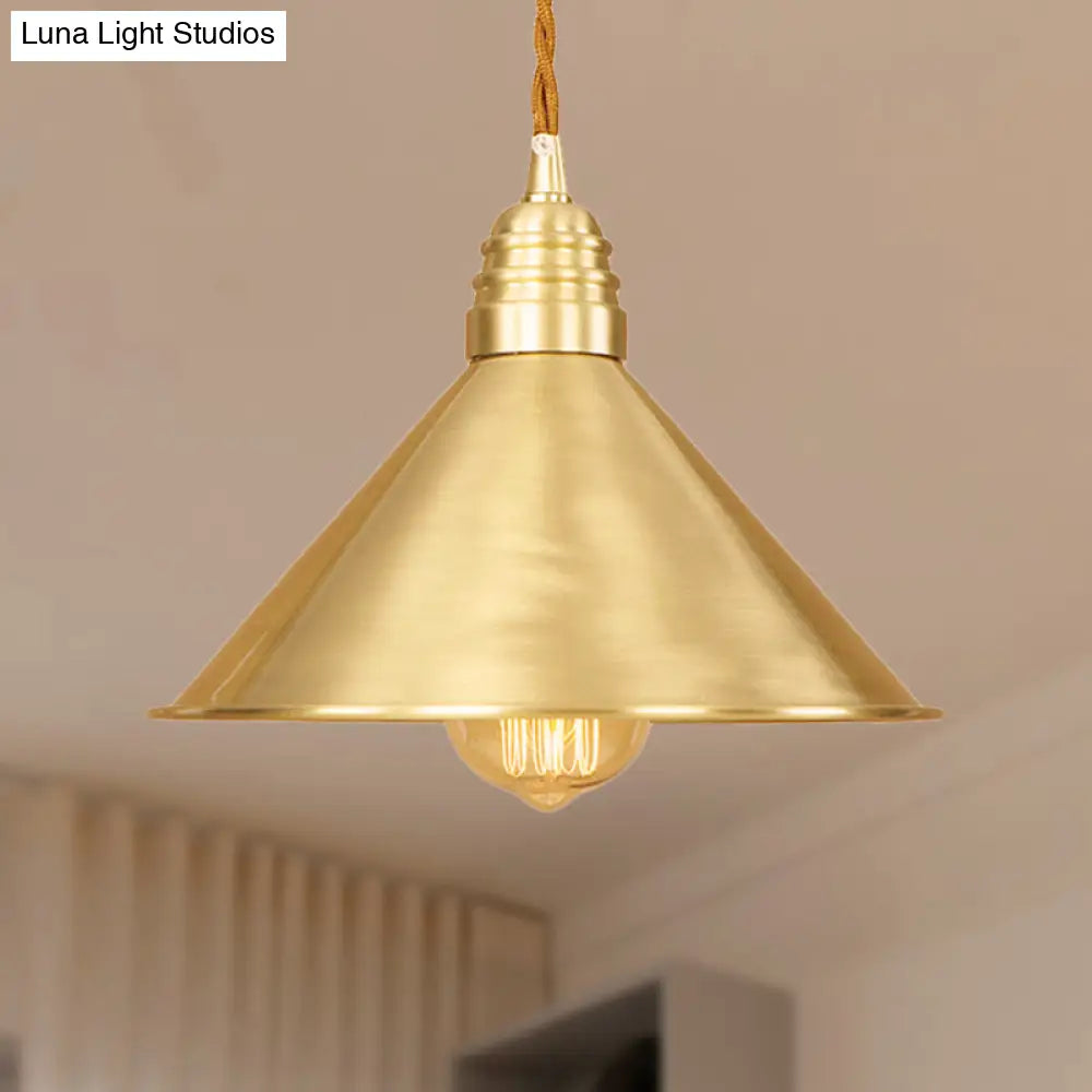 Mid Century Pendant Light Fixture with Metallic Brass Finish & Tapered Shade