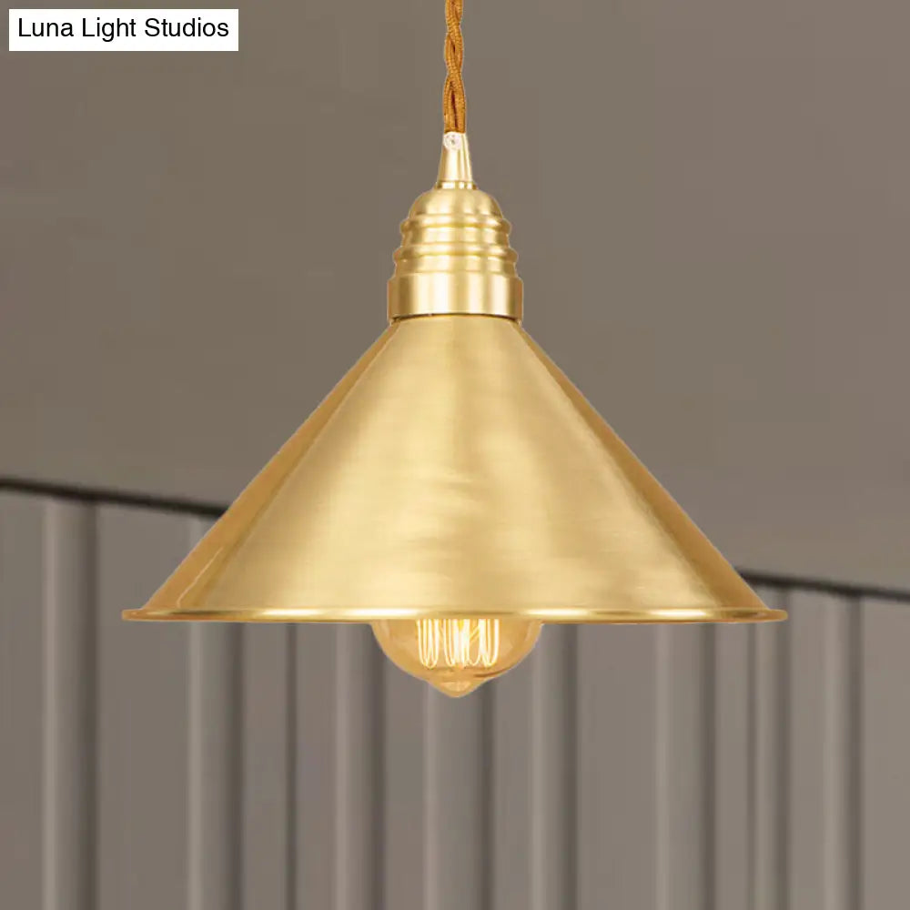 Mid Century Pendant Light Fixture with Metallic Brass Finish & Tapered Shade