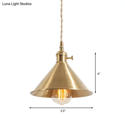 Mid Century Pendant Light Fixture with Metallic Brass Finish & Tapered Shade