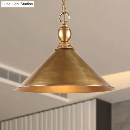 Mid Century Pendant Light Fixture with Metallic Brass Finish & Tapered Shade