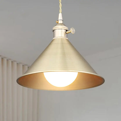 Mid Century Pendant Light Fixture with Metallic Brass Finish & Tapered Shade