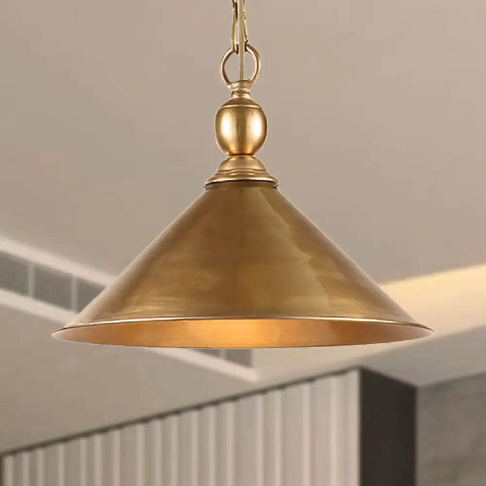 Mid Century Pendant Light Fixture with Metallic Brass Finish & Tapered Shade