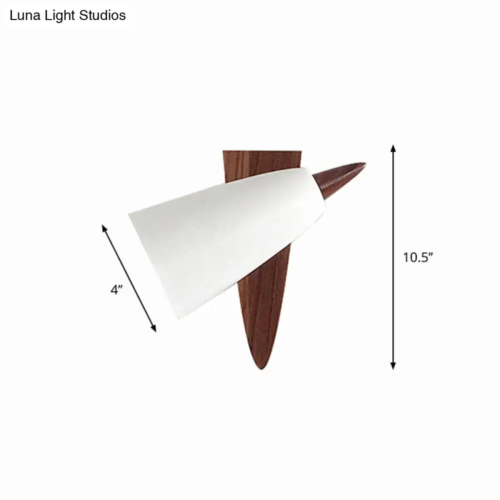 Mid-century white cone metal wall sconce with dark wood base designed for modern bedroom lighting