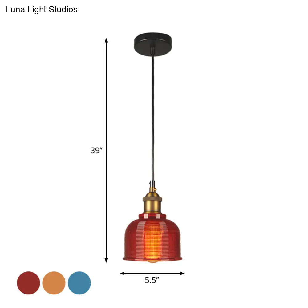 Mila - Retro Retro Style Carillon Pendant Light 1-Light Red/Orange/Blue Gridded Glass Suspension Lighting for Dining Room