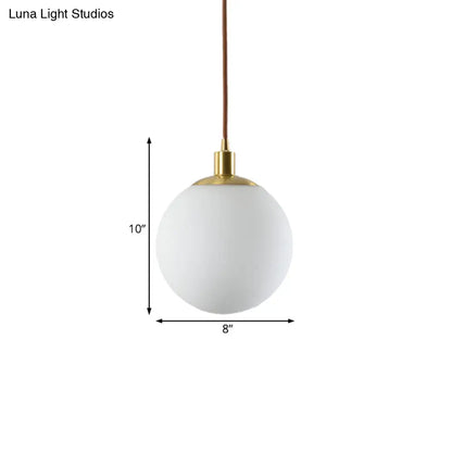 Milky Glass Ball Pendant Light: Modern LED Ceiling Lamp in Brass (6"/8"/10" Wide)