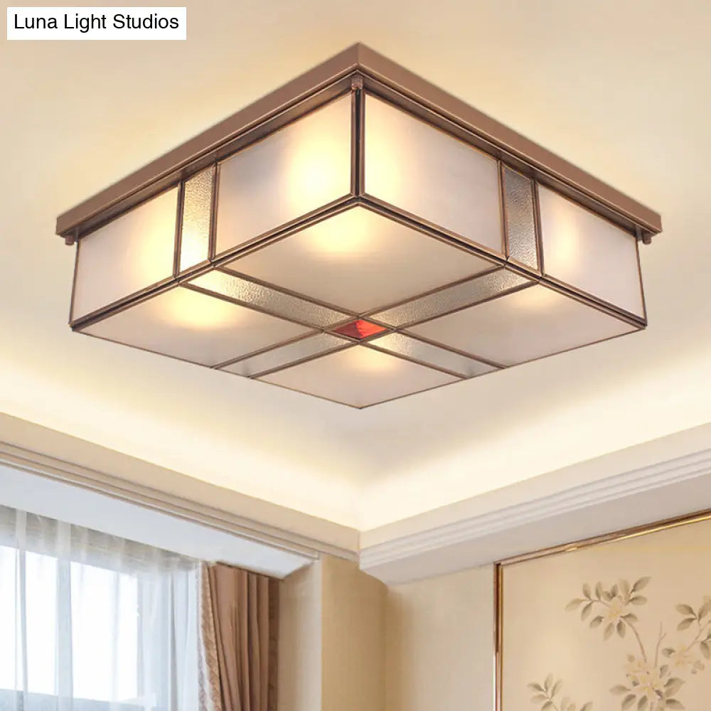 DecorBites™ DecorBites™ Milky Glass Colonial Ceiling Lamp - Square Flush Mount Fixture for Living Room with Brass Finish (3/4 Bulbs)