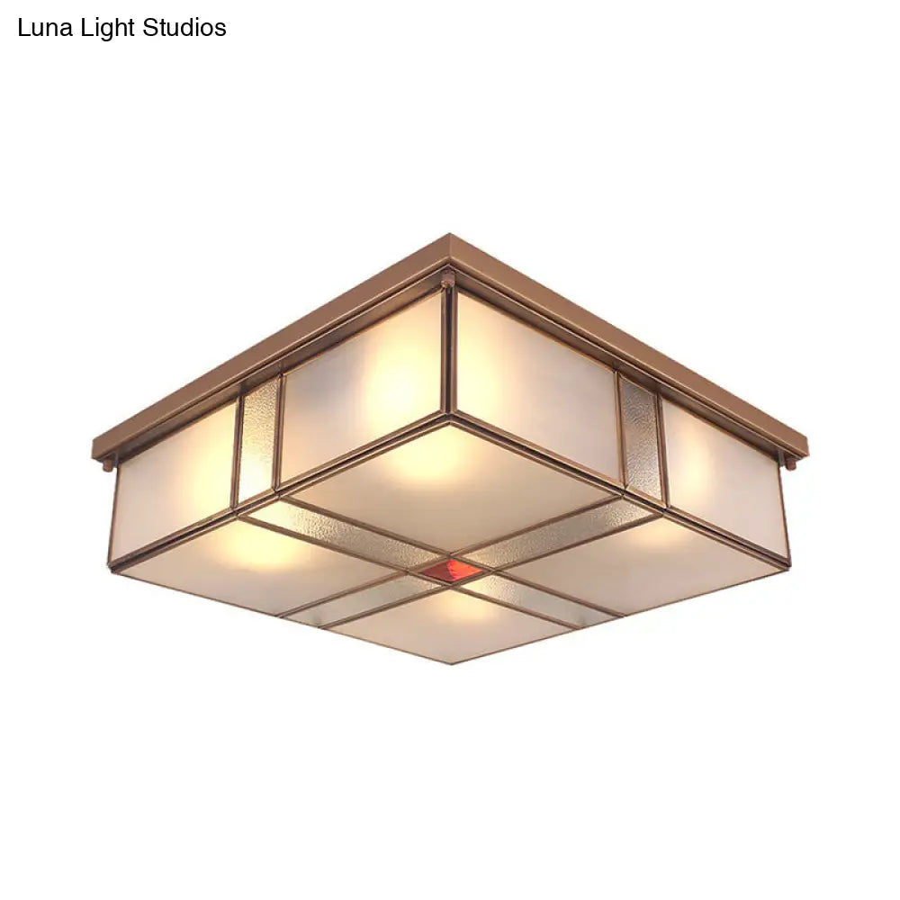 DecorBites™ DecorBites™ Milky Glass Colonial Ceiling Lamp - Square Flush Mount Fixture for Living Room with Brass Finish (3/4 Bulbs)