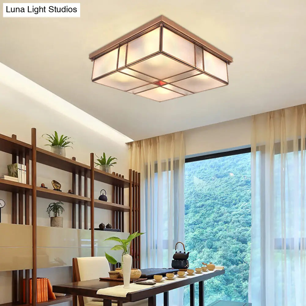 DecorBites™ DecorBites™ Milky Glass Colonial Ceiling Lamp - Square Flush Mount Fixture for Living Room with Brass Finish (3/4 Bulbs)