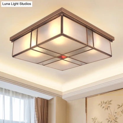 DecorBites™ DecorBites™ Milky Glass Colonial Ceiling Lamp - Square Flush Mount Fixture for Living Room with Brass Finish (3/4 Bulbs)