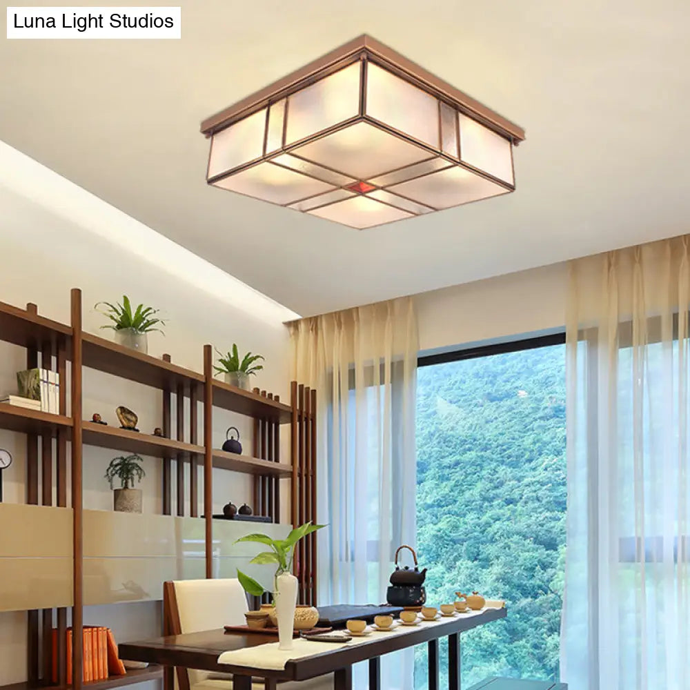 DecorBites™ DecorBites™ Milky Glass Colonial Ceiling Lamp - Square Flush Mount Fixture for Living Room with Brass Finish (3/4 Bulbs)