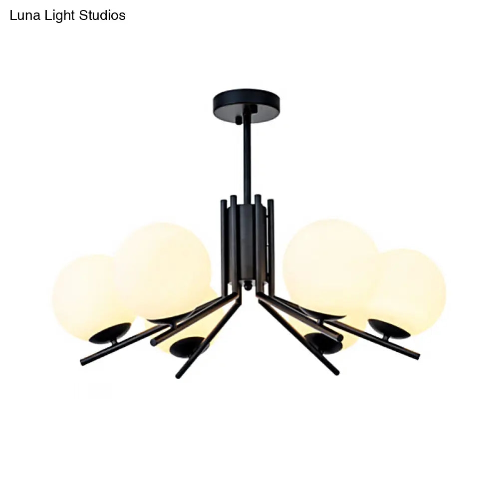 Milky Glass Global Semi Flush 6-Bulb Black Ceiling Mount Light for Modern Bedrooms