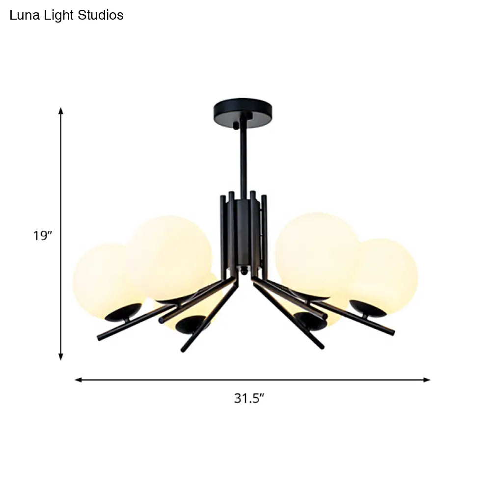 Milky Glass Global Semi Flush 6-Bulb Black Ceiling Mount Light for Modern Bedrooms