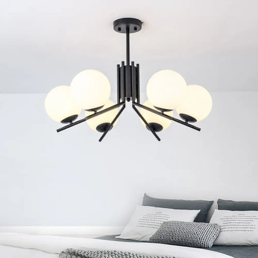 Milky Glass Global Semi Flush 6-Bulb Black Ceiling Mount Light for Modern Bedrooms