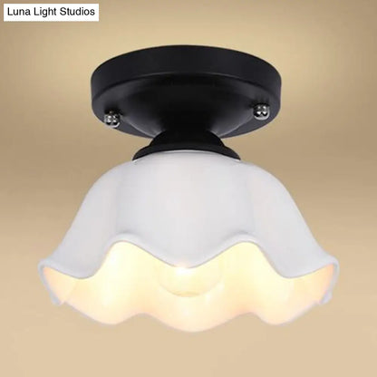 Milky Glass Industrial Living Room Light Fixture - Scalloped Semi Flush, Black Finish +