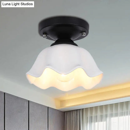 Milky Glass Industrial Living Room Light Fixture - Scalloped Semi Flush, Black Finish +