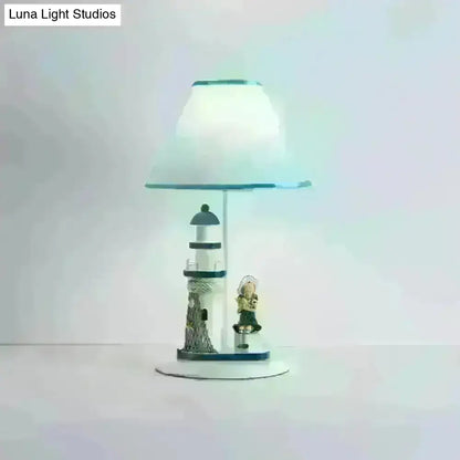 Minelava - Kids Conical Task Lighting Kids Style Fabric 1-Head Bedroom Table Light with Boy/Girl and Lighthouse Deco in Blue