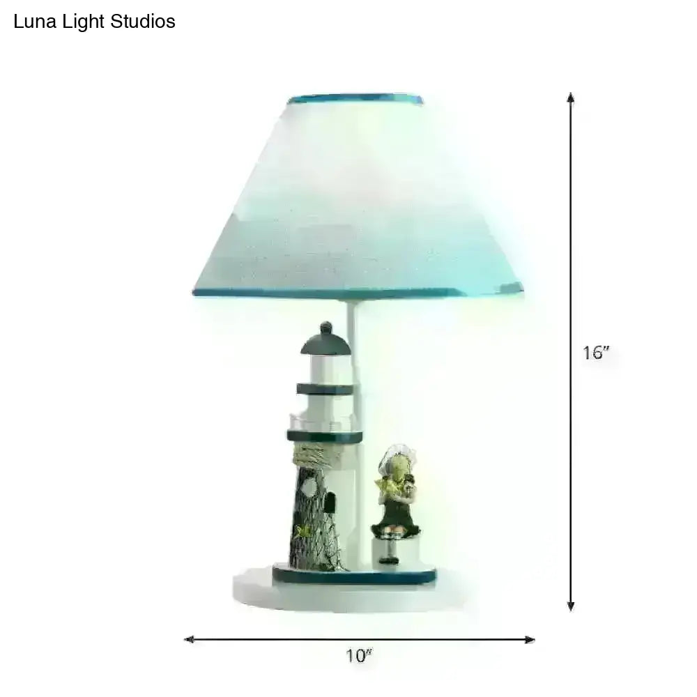 Minelava - Kids Conical Task Lighting Kids Style Fabric 1-Head Bedroom Table Light with Boy/Girl and Lighthouse Deco in Blue