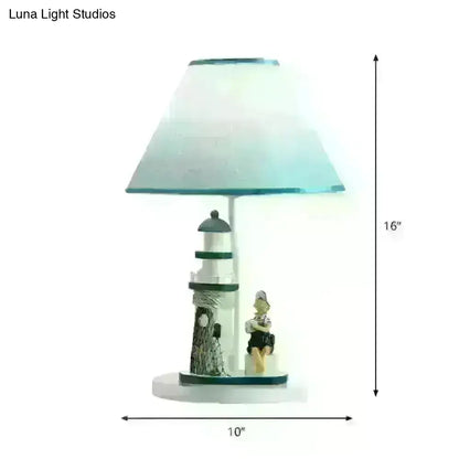 Minelava - Kids Conical Task Lighting Kids Style Fabric 1-Head Bedroom Table Light with Boy/Girl and Lighthouse Deco in Blue